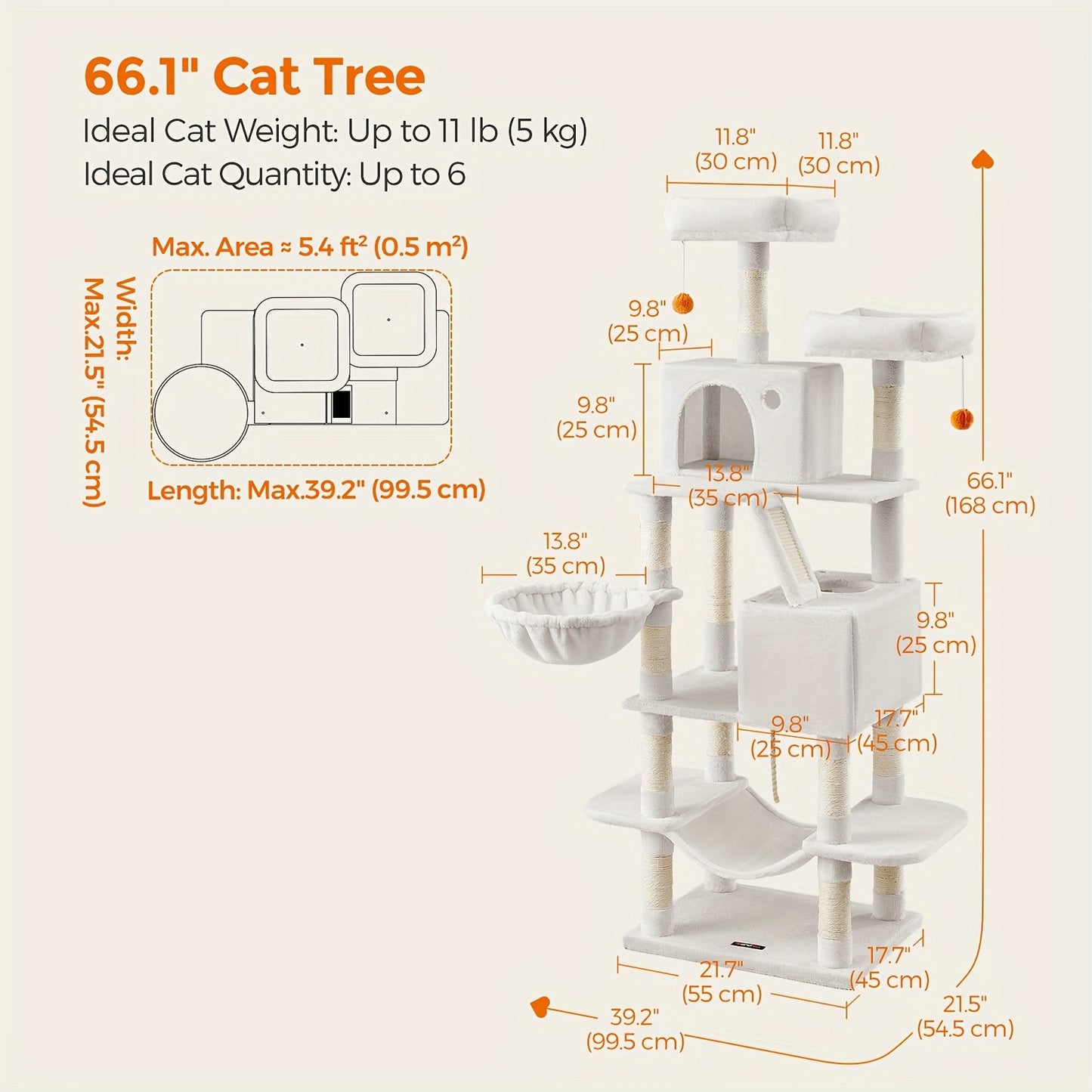 66.1/44.1in Cat Tree, Large Cat Tower with 13 Scratching Posts, 2 Perches, 2 Caves, Hanging Basket & Hammock, Pompoms, Stable Kitty Play House, Multi-Level Plush Cat Condo for Indoor Cat, Easy to Assemble, Perfect Children's