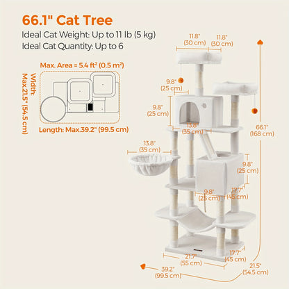 66.1/44.1in Cat Tree, Large Cat Tower with 13 Scratching Posts, 2 Perches, 2 Caves, Hanging Basket & Hammock, Pompoms, Stable Kitty Play House, Multi-Level Plush Cat Condo for Indoor Cat, Easy to Assemble, Perfect Children's