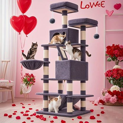 66.1/44.1in Cat Tree, Large Cat Tower with 13 Scratching Posts, 2 Perches, 2 Caves, Hanging Basket & Hammock, Pompoms, Stable Kitty Play House, Multi-Level Plush Cat Condo for Indoor Cat, Easy to Assemble, Perfect Children's