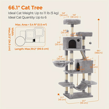 66.1/44.1in Cat Tree, Large Cat Tower with 13 Scratching Posts, 2 Perches, 2 Caves, Hanging Basket & Hammock, Pompoms, Stable Kitty Play House, Multi-Level Plush Cat Condo for Indoor Cat, Easy to Assemble, Perfect Children's