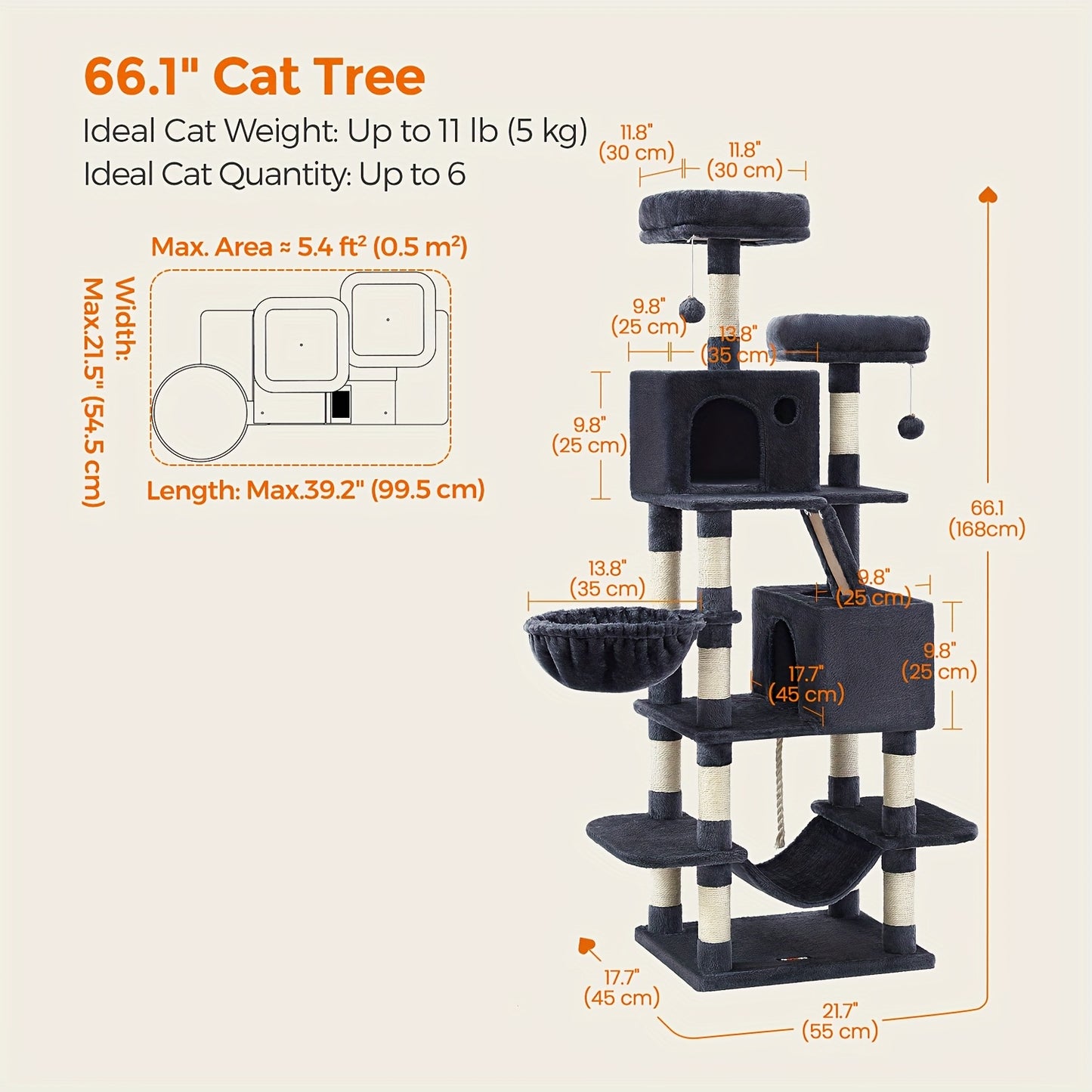 66.1/44.1in Cat Tree, Large Cat Tower with 13 Scratching Posts, 2 Perches, 2 Caves, Hanging Basket & Hammock, Pompoms, Stable Kitty Play House, Multi-Level Plush Cat Condo for Indoor Cat, Easy to Assemble, Perfect Children's