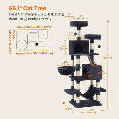 66.1/44.1in Cat Tree, Large Cat Tower with 13 Scratching Posts, 2 Perches, 2 Caves, Hanging Basket & Hammock, Pompoms, Stable Kitty Play House, Multi-Level Plush Cat Condo for Indoor Cat, Easy to Assemble, Perfect Children's