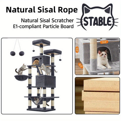 66.1/44.1in Cat Tree, Large Cat Tower with 13 Scratching Posts, 2 Perches, 2 Caves, Hanging Basket & Hammock, Pompoms, Stable Kitty Play House, Multi-Level Plush Cat Condo for Indoor Cat, Easy to Assemble, Perfect Children's