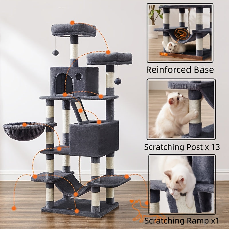 66.1/44.1in Cat Tree, Large Cat Tower with 13 Scratching Posts, 2 Perches, 2 Caves, Hanging Basket & Hammock, Pompoms, Stable Kitty Play House, Multi-Level Plush Cat Condo for Indoor Cat, Easy to Assemble, Perfect Children's