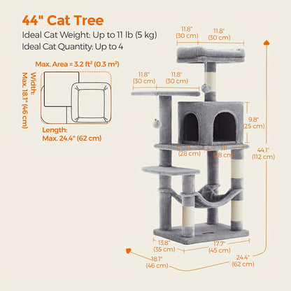 66.1/44.1in Cat Tree, Large Cat Tower with 13 Scratching Posts, 2 Perches, 2 Caves, Hanging Basket & Hammock, Pompoms, Stable Kitty Play House, Multi-Level Plush Cat Condo for Indoor Cat, Easy to Assemble, Perfect Children's