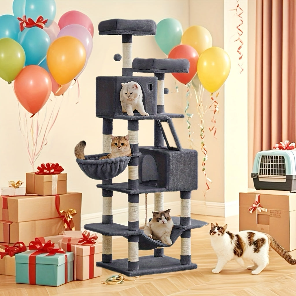 66.1/44.1in Cat Tree, Large Cat Tower with 13 Scratching Posts, 2 Perches, 2 Caves, Hanging Basket & Hammock, Pompoms, Stable Kitty Play House, Multi-Level Plush Cat Condo for Indoor Cat, Easy to Assemble, Perfect Children's