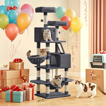 66.1/44.1in Cat Tree, Large Cat Tower with 13 Scratching Posts, 2 Perches, 2 Caves, Hanging Basket & Hammock, Pompoms, Stable Kitty Play House, Multi-Level Plush Cat Condo for Indoor Cat, Easy to Assemble, Perfect Children's