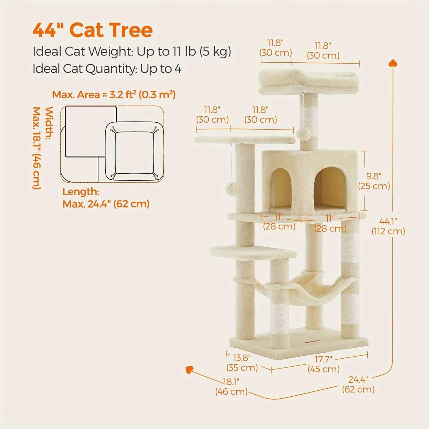 66.1/44.1in Cat Tree, Large Cat Tower with 13 Scratching Posts, 2 Perches, 2 Caves, Hanging Basket & Hammock, Pompoms, Stable Kitty Play House, Multi-Level Plush Cat Condo for Indoor Cat, Easy to Assemble, Perfect Children's