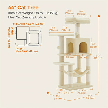 66.1/44.1in Cat Tree, Large Cat Tower with 13 Scratching Posts, 2 Perches, 2 Caves, Hanging Basket & Hammock, Pompoms, Stable Kitty Play House, Multi-Level Plush Cat Condo for Indoor Cat, Easy to Assemble, Perfect Children's