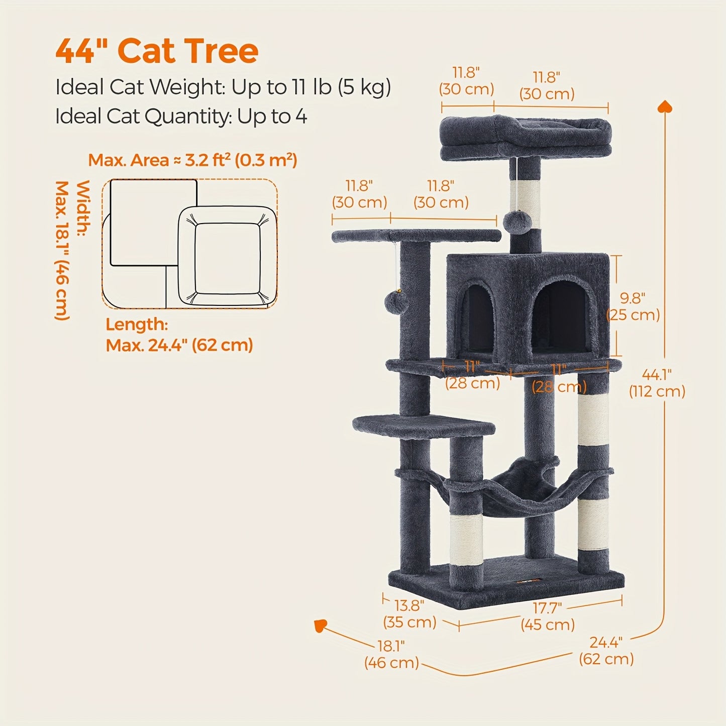 66.1/44.1in Cat Tree, Large Cat Tower with 13 Scratching Posts, 2 Perches, 2 Caves, Hanging Basket & Hammock, Pompoms, Stable Kitty Play House, Multi-Level Plush Cat Condo for Indoor Cat, Easy to Assemble, Perfect Children's