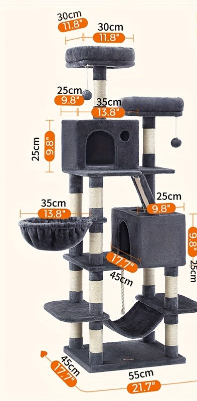 66.1/44.1in Cat Tree, Large Cat Tower with 13 Scratching Posts, 2 Perches, 2 Caves, Hanging Basket & Hammock, Pompoms, Stable Kitty Play House, Multi-Level Plush Cat Condo for Indoor Cat, Easy to Assemble, Perfect Children's