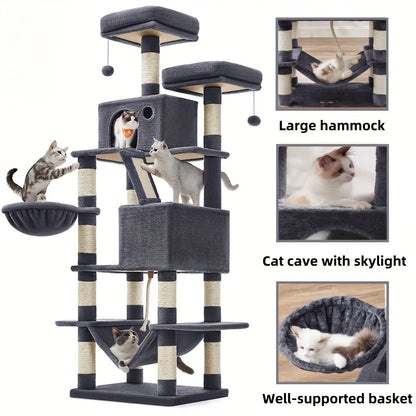 66.1/44.1in Cat Tree, Large Cat Tower with 13 Scratching Posts, 2 Perches, 2 Caves, Hanging Basket & Hammock, Pompoms, Stable Kitty Play House, Multi-Level Plush Cat Condo for Indoor Cat, Easy to Assemble, Perfect Children's