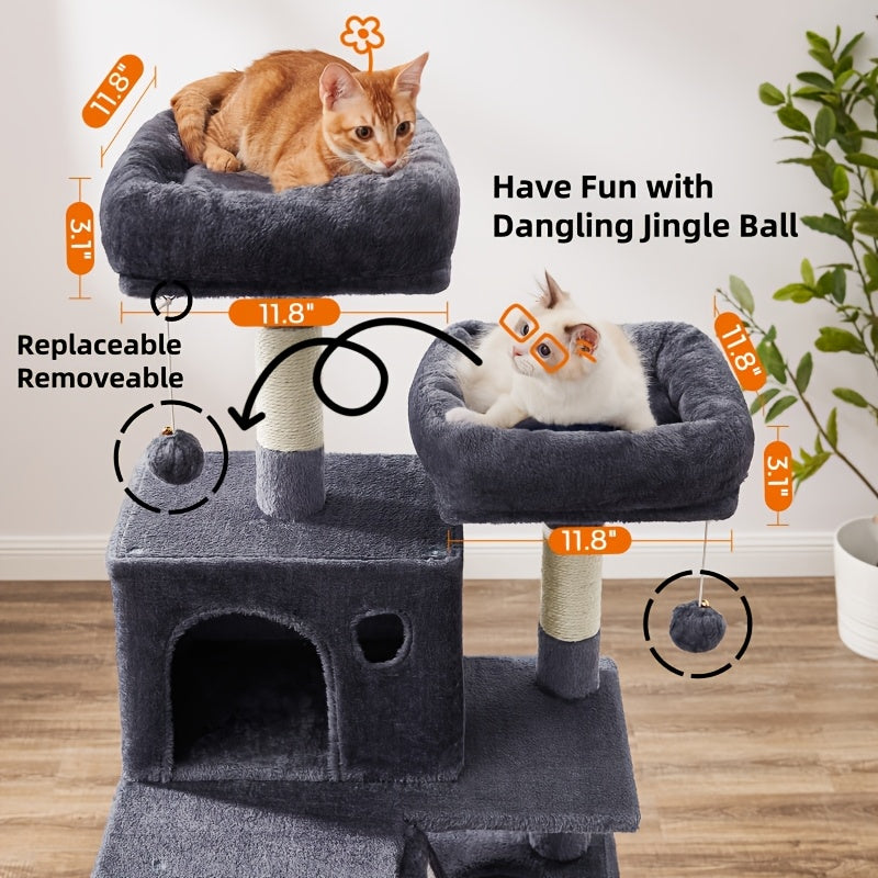 66.1/44.1in Cat Tree, Large Cat Tower with 13 Scratching Posts, 2 Perches, 2 Caves, Hanging Basket & Hammock, Pompoms, Stable Kitty Play House, Multi-Level Plush Cat Condo for Indoor Cat, Easy to Assemble, Perfect Children's