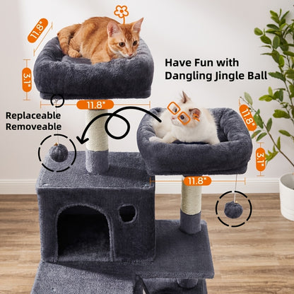 66.1/44.1in Cat Tree, Large Cat Tower with 13 Scratching Posts, 2 Perches, 2 Caves, Hanging Basket & Hammock, Pompoms, Stable Kitty Play House, Multi-Level Plush Cat Condo for Indoor Cat, Easy to Assemble, Perfect Children's
